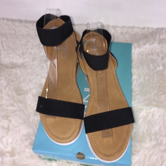 NIB Black Wedge Platform Sandals Stacked Cork Look Elastic Anna - Picture 5 of 14